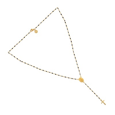 Colar dourado com contas pretas e pingente de cruz