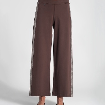 Calças largas castanhas com faixa lateral pied-de-poule