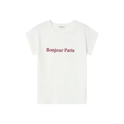 T-shirt branca com escrita Bonjour Paris em vermelho