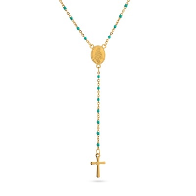 Colar tipo terço com contas verdes e douradas, medalhão e cruz dourados