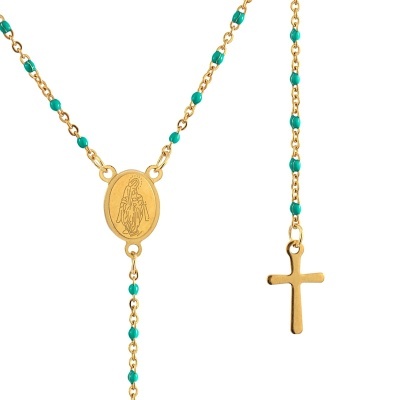 Colar dourado com contas turquesa, pendente oval e cruz