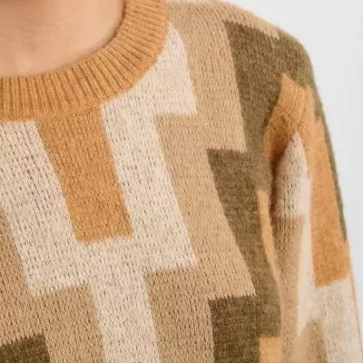 Camisola de malha bege castanha com padrão geométrico e gola redonda