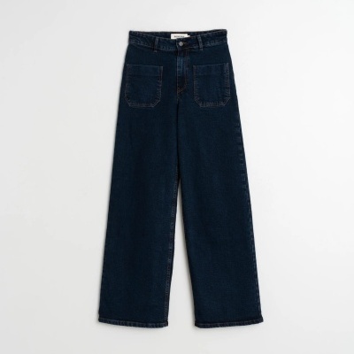 Calças de ganga largas azul escuro com bolsos frontais