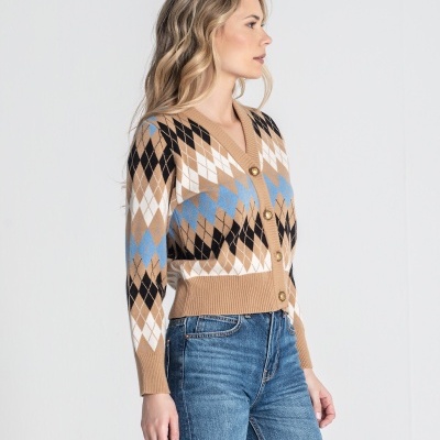 Camisola cardigan argyle castanho e azul com botões