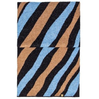 Cachecol riscado azul, castanho e preto com símbolo dourado