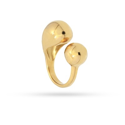 Anel dourado aberto com duas bolas esféricas