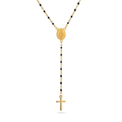 Colar tipo terço dourado com contas pretas, medalha e cruz