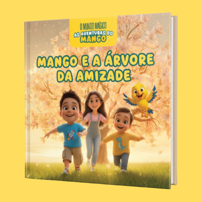 Capa de livro infantil com crianças e pássaro em frente a árvore florida
