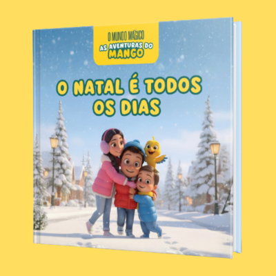 Capa de livro infantil com personagens animados na neve e texto em português