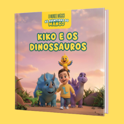 Capa de livro infantil KIKO E OS DINOSSAUROS com ilustrações de menino, dinossauros e pássaro, fundo pôr do sol