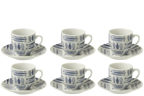 Conjunto 6 chávenas - sardinhas Seis chávenas de café em cerâmica branca com padrão azul de peixes e seis pratos correspondentes