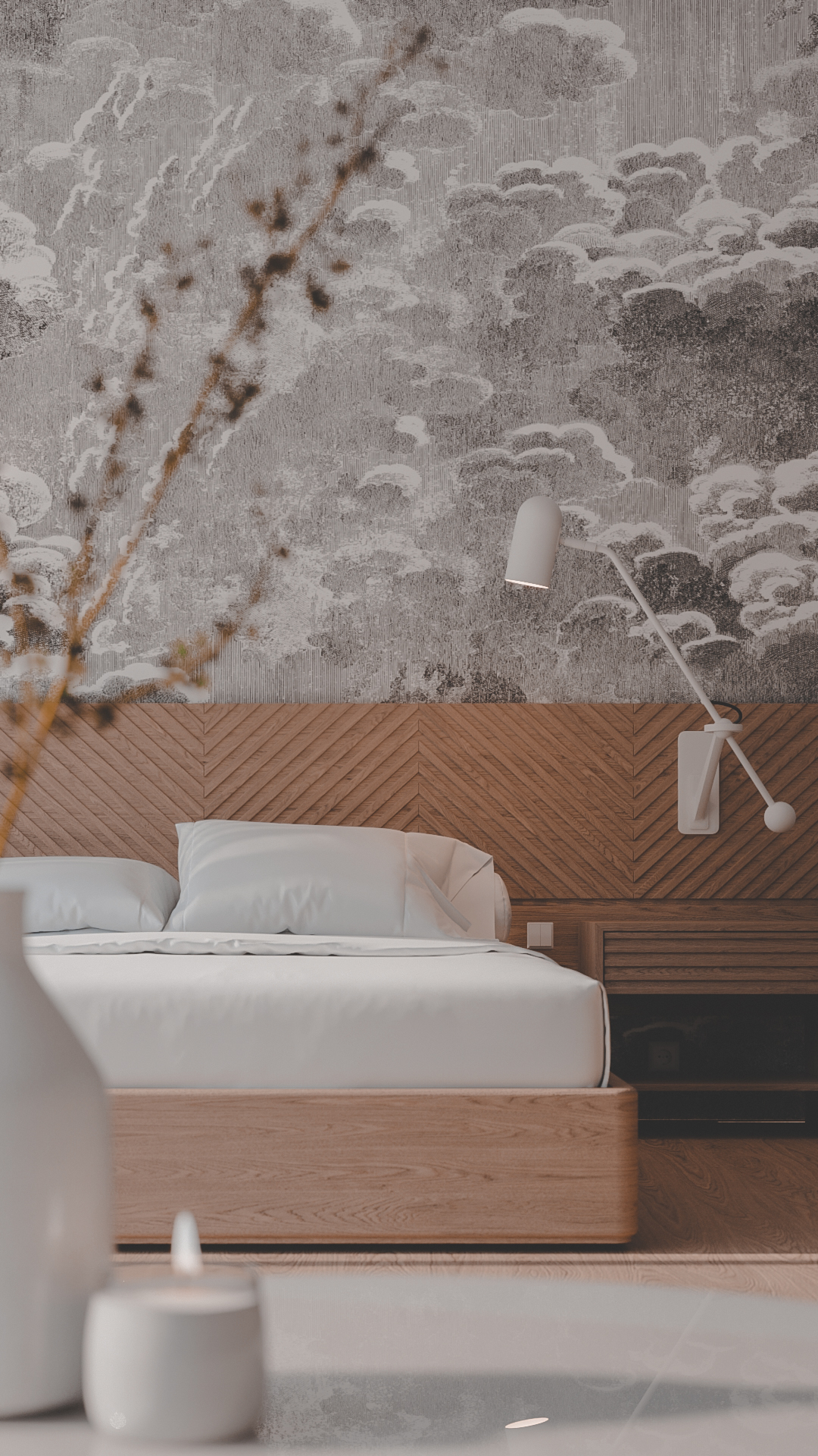 Mesa de Cabeceira - Fado Cama de madeira clara com roupa branca e papel de parede com nuvens cinzentas