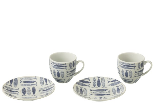 Conjunto 6 chávenas - sardinhas Conjunto louça com chávenas e pratos decorados com peixes azuis