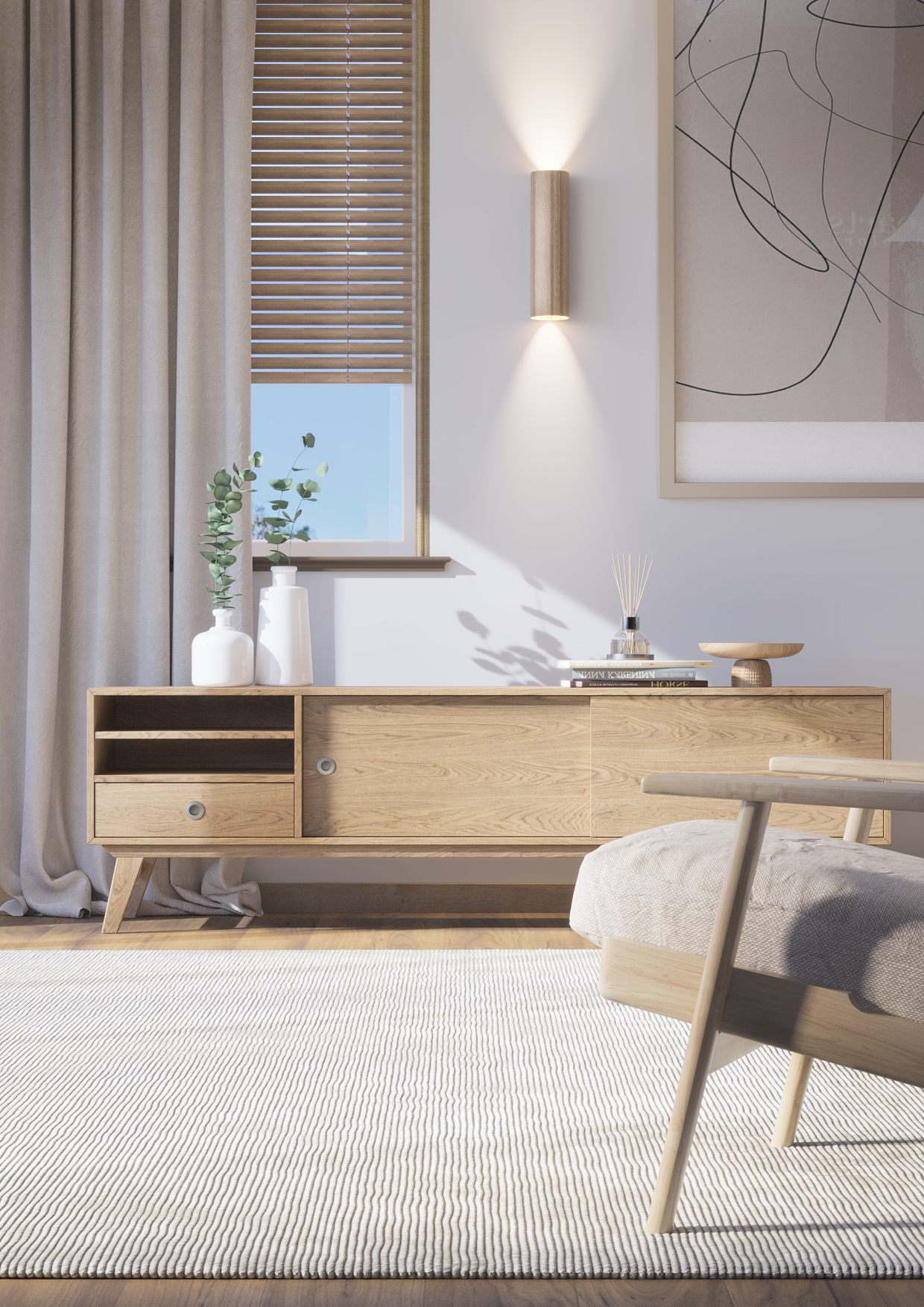 Móvel TV - MARILYN Móvel de madeira clara com decoração em sala iluminada