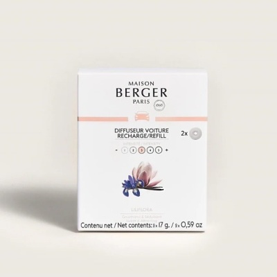 Embalagem branca com texto preto e ilustração floral de recarga para difusor de carro