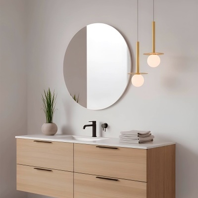 Móvel de casa de banho suspenso em madeira clara com espelho redondo e luminárias pendentes douradas