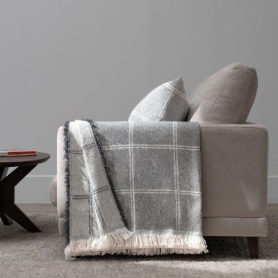 Sofá cinzento com manta cinzenta e almofada em ambiente cinzento