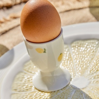 Ovo castanho numa chávena com motivos de limão sobre um prato decorativo com padrão amarelo e branco.