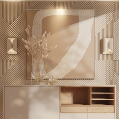 Aparador branco e madeira com vaso e quadro abstrato em ambiente com paredes texturizadas