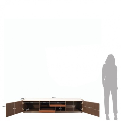 Móvel de madeira castanha com portas abertas mostrando prateleiras e compartimentos internos