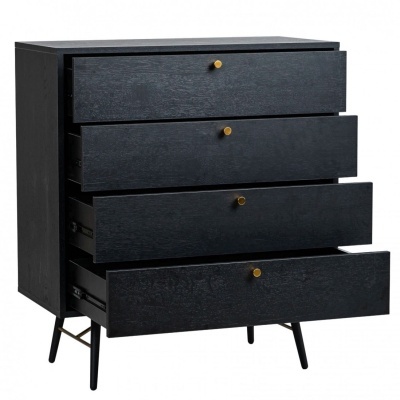 Cómoda preta de madeira com quatro gavetas e puxadores dourados