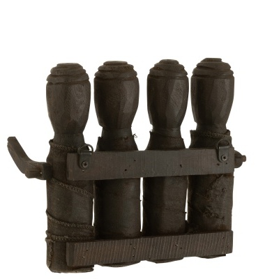 porta-fósforos antigo em metal castanho escuro oxidado com quatro suportes cilíndricos