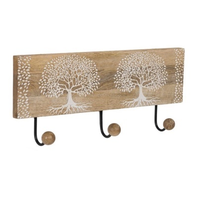 Cabide de parede em madeira com ganchos e desenho de árvores brancas