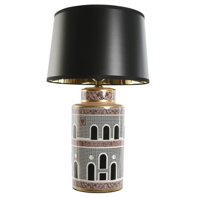 Candeeiro de mesa com base cerâmica decorada e aba preta