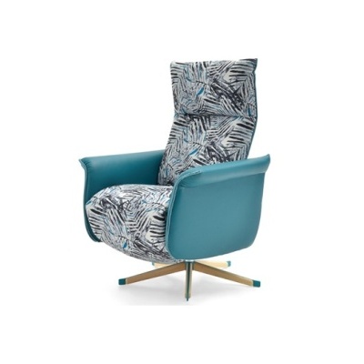 Cadeira de descanso azul com estofado estampado e base metálica dourada