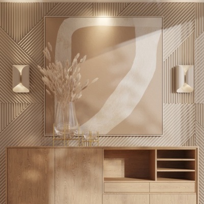 Aparador em madeira clara com vaso de ramos secos, parede com painéis geométricos e quadro abstrato bege