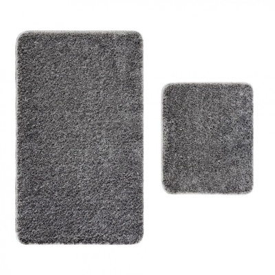 Dois tapetes cinza escuro de pelo alto, tamanhos diferentes, bordas arredondadas