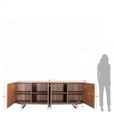 Móvel baixo de madeira castanha com portas abertas e prateleiras internas