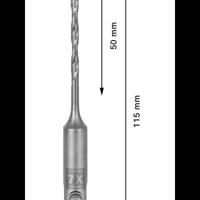 Broca metálica cinza com ponta azul e texto '7X COMFORT', medidas indicadas.