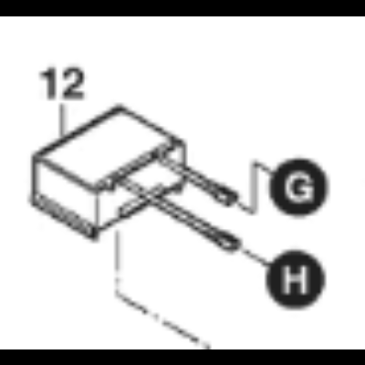 Componente electrónico retangular com dois terminais metálicos e etiquetas 12, G e H