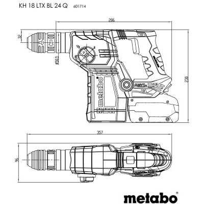 Desenho técnico de ferramenta elétrica Metabo KH 18 LTX BL 24 Q com dimensões