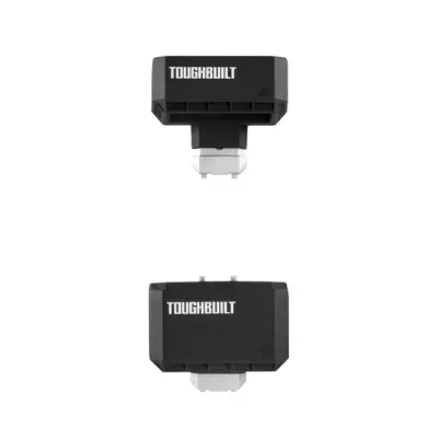 Acessórios pretos com texto TOUGHBUILT em fundo branco