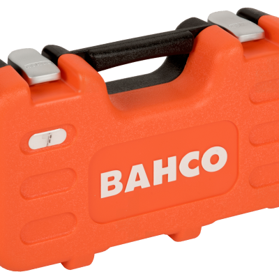 Mala de ferramenta rígida laranja com fechos cinza e texto BAHCO