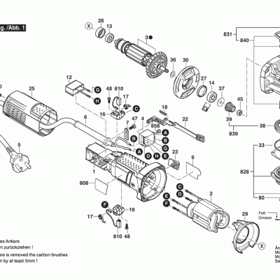 Diagrama técnico explodido preto-e-branco de ferramenta elétrica com peças numeradas e texto em alemão