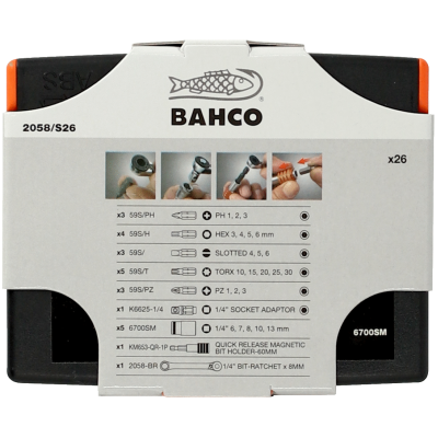 Conjunto de bits para parafusos Bahco com 26 peças em caixa preta e laranja