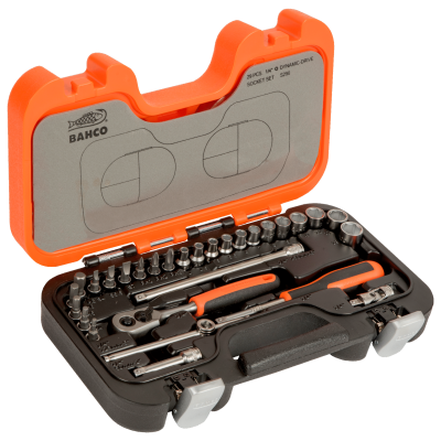 Conjunto de ferramentas Bahco com 38 peças, estojo preto e tampa laranja aberta