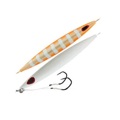 Iscas de pesca laranja e branco com anzóis pretos