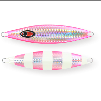 Dois iscos de pesca metálicos holográficos prateados e rosa com padrões distintos.