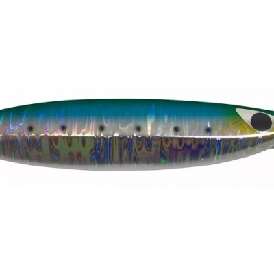 Isca de pesca metálica azul e verde com padrão iridescente e olho preto e branco.