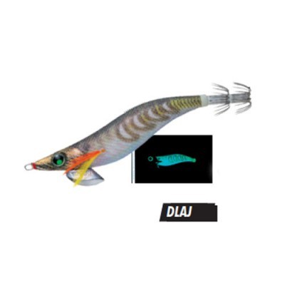 Isca de pesca em forma de lula cinzenta com anzóis e texto DLAJ