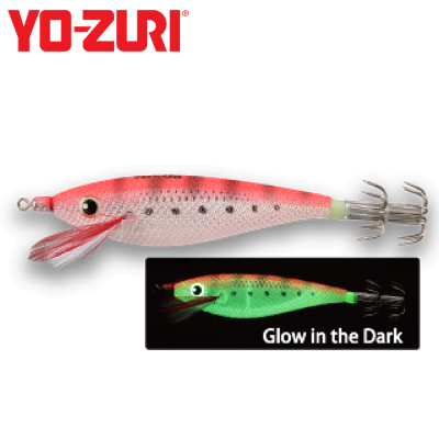 Isca de pesca Yo-Zuri vermelha e prateada com anzóis triplos e efeito Glow in the Dark