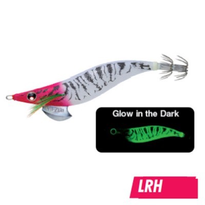 Isca de pesca estilo lula com padrão branco, rosa e preto, brilho no escuro