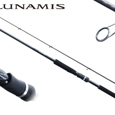 Varas de pesca pretas com detalhe em metal e texto LUNAMIS