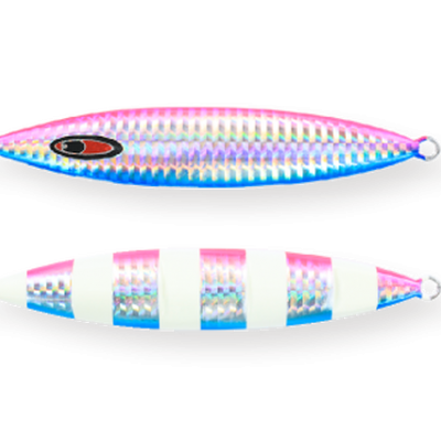 Isca de pesca metálica iridescente rosa, branco e azul com ilhós em ambas extremidades