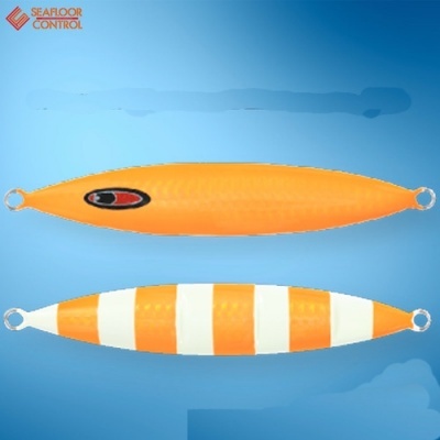 Anzóis de pesca tipo jig laranja e branco com anéis metálicos, fundo azul e logótipo SEAFLOOR CONTROL
