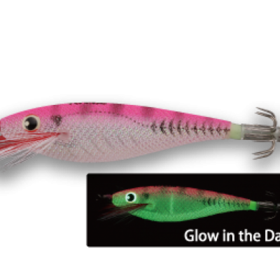 Isca de pesca em forma de lula rosa e verde com anzóis triplos e texto Glow in the Dark